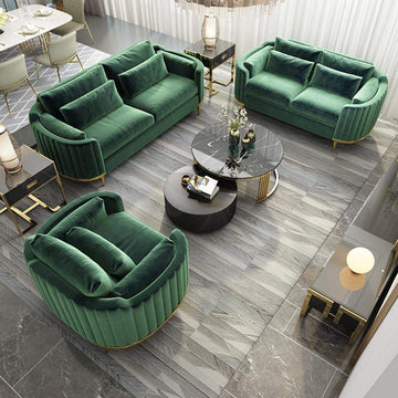 Modern Living Room Sets Green Velvet Upholstered Chair & Loveseat & Sofa 3 Pieces-Richsoul-Furniture,Living Room Furniture,Living Room Sets